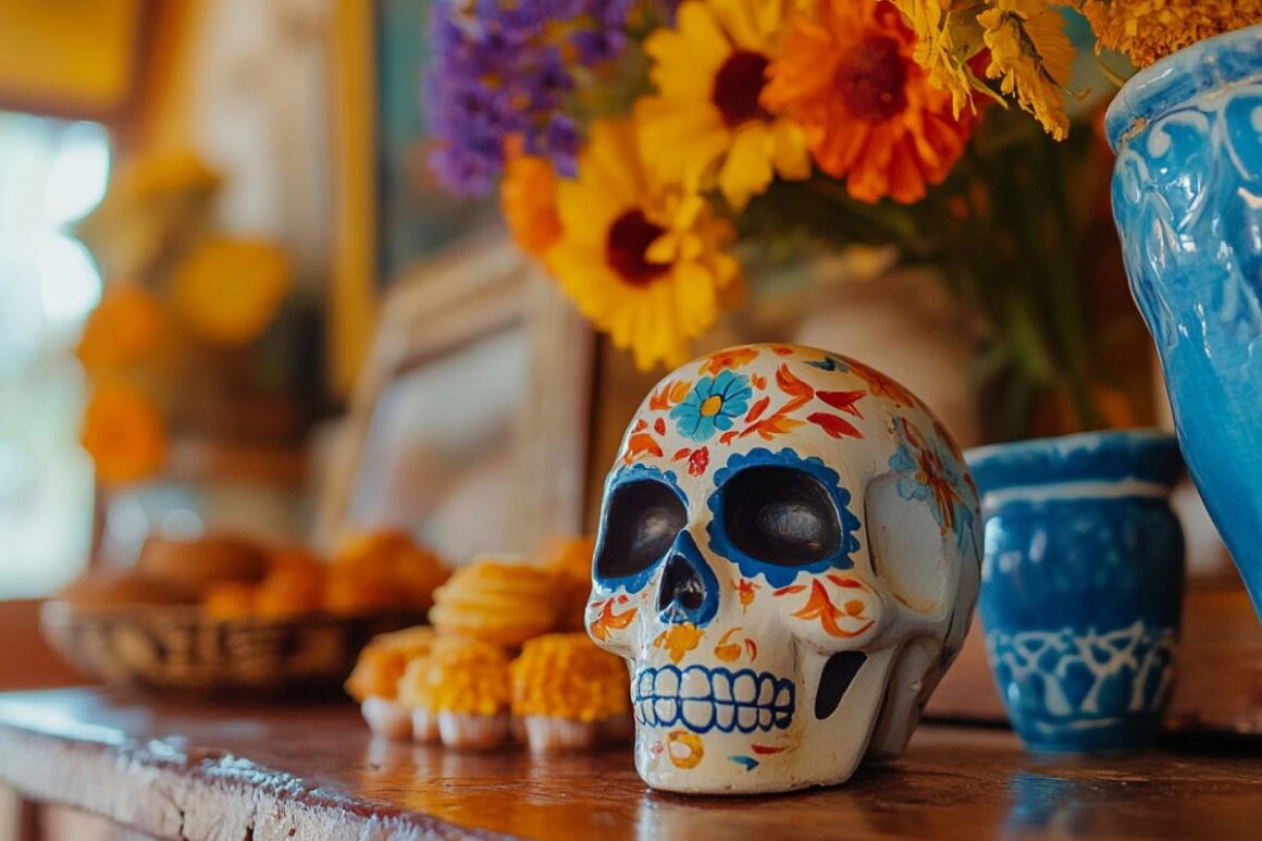 Calaveras de azúcar coloridas usadas en altares del Día de Muertos en México