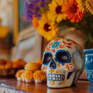 Calaveras de azúcar coloridas usadas en altares del Día de Muertos en México