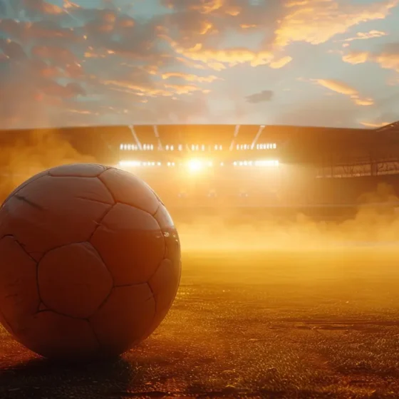 Estadio de fútbol al atardecer con un balón en primer plano, símbolo del legado del Mundial de México 2026 y su impacto en el desarrollo del país.