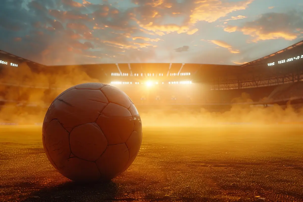 Estadio de fútbol al atardecer con un balón en primer plano, símbolo del legado del Mundial de México 2026 y su impacto en el desarrollo del país.