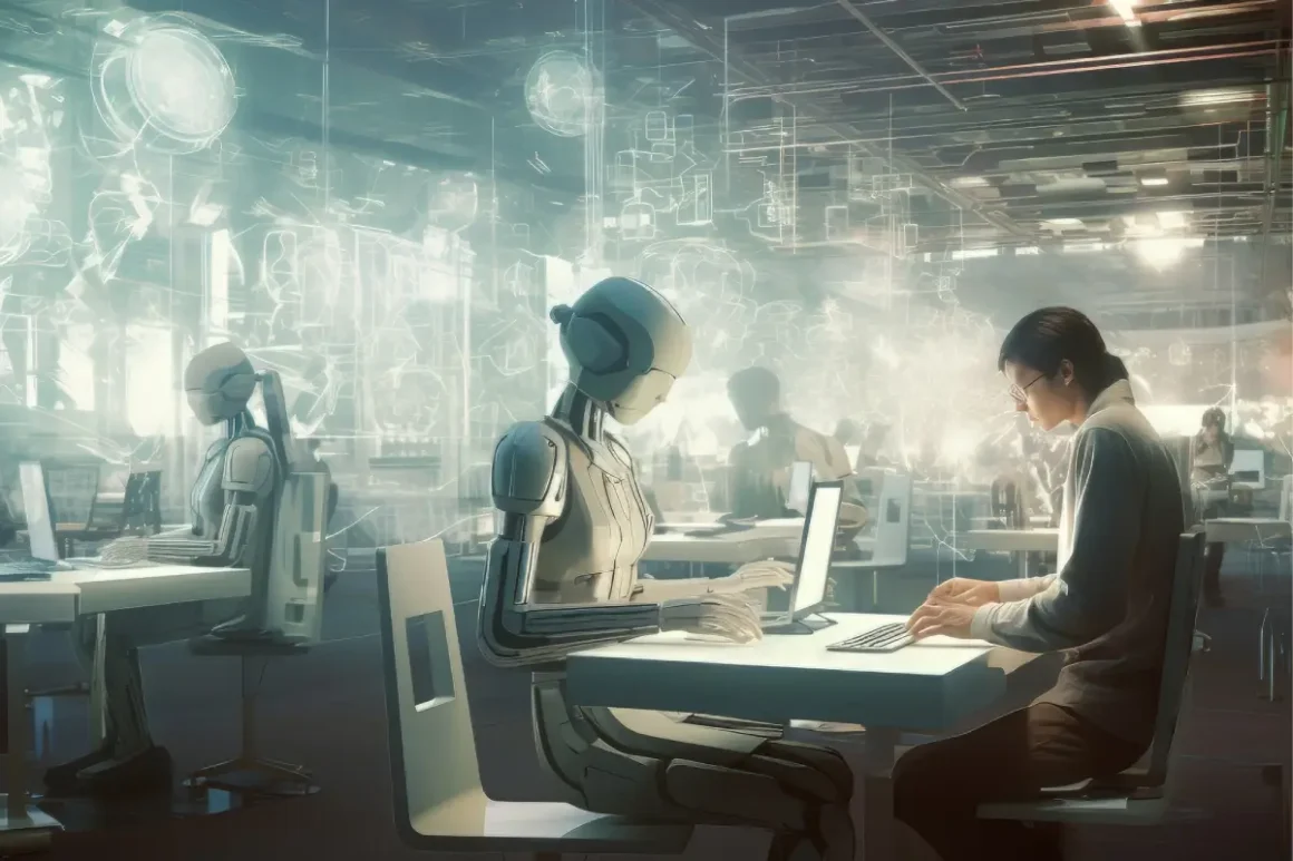 Emprendedor utilizando herramientas de inteligencia artificial para gestionar y hacer crecer su negocio desde una computadora.