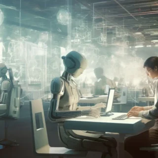 Emprendedor utilizando herramientas de inteligencia artificial para gestionar y hacer crecer su negocio desde una computadora.