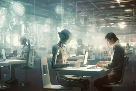 Emprendedor utilizando herramientas de inteligencia artificial para gestionar y hacer crecer su negocio desde una computadora.