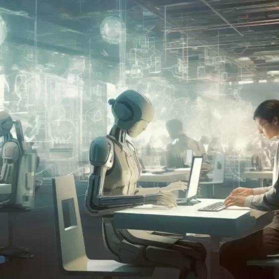 Emprendedor utilizando herramientas de inteligencia artificial para gestionar y hacer crecer su negocio desde una computadora.